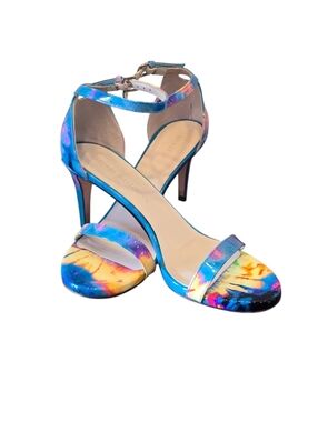 Stuart Weitzman NuNaked Surf Paintball Blue Multicolor Patent Leather Sandals 9